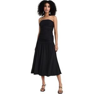 Pixie Market Women's Solid Ruched Black Strapless Flared Long Maxi Dress Size L